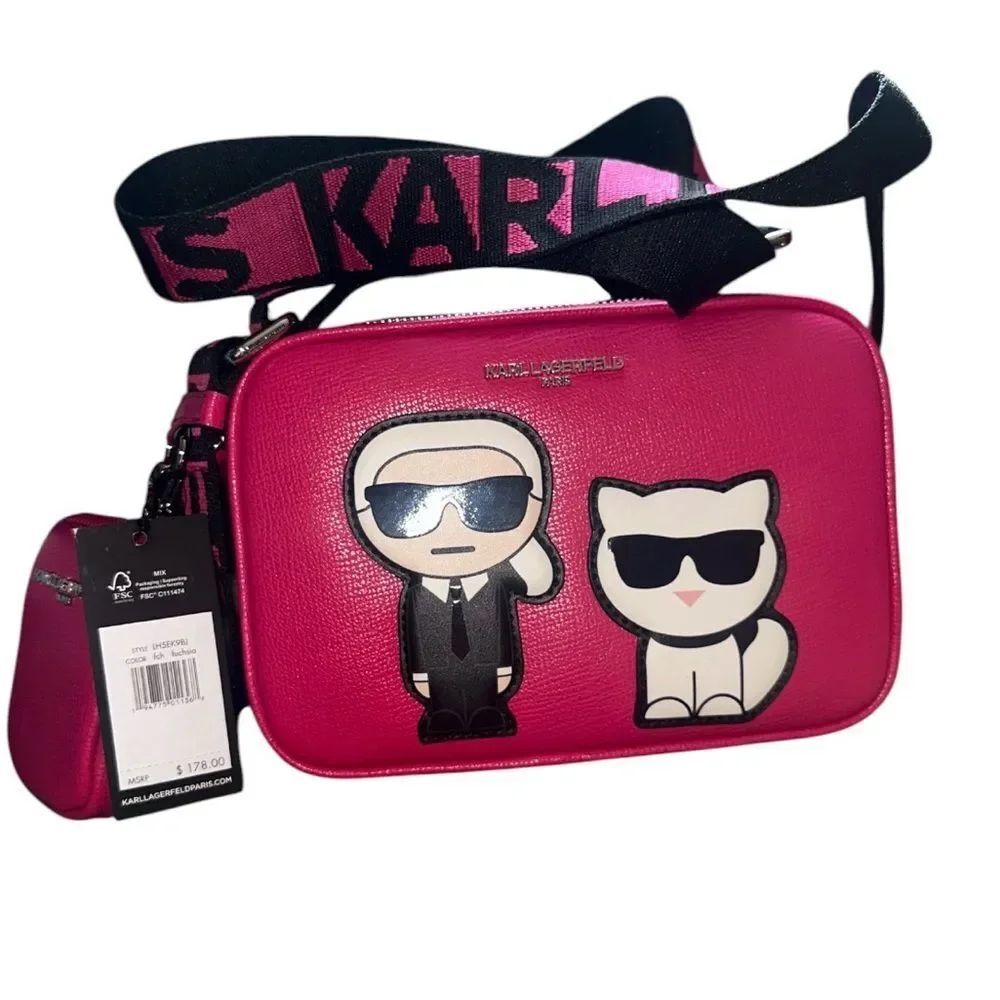 Karl Lagerfeld fuschia  Camera Crossbody with Character Appliqués